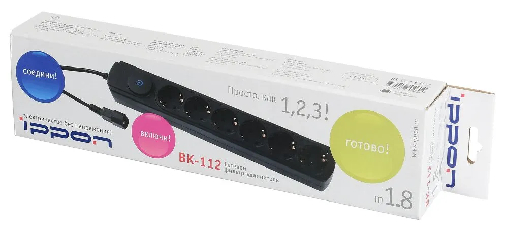 Сетевой фильтр Ippon BK112 1.8м (6 розеток) черный (коробка)