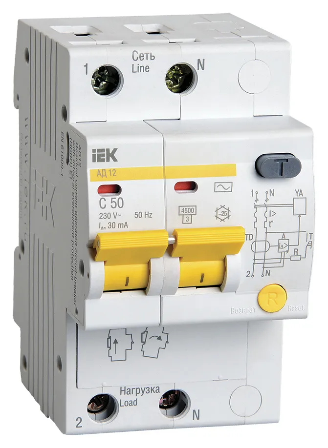 Выключатель автом. дифф. тока IEK MAD10-2-050-C-030 АД12 50A тип C 4.5kA 30мА AC 2П 230В 3мод белый (упак.:1шт)
