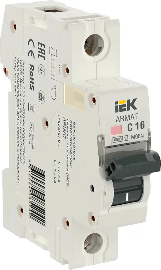 Выключатель автоматический IEK Armat AR-M06N-1-C016 M06N 16A тип C 6kA 1П 230/400В 1мод