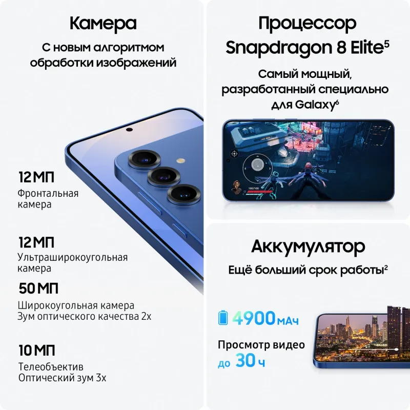 Смартфон Samsung SM-S936B Galaxy S25+ 256Gb 12Gb синий моноблок 3G 4G 2Sim 6.7" 1440x3120 Android 15 50Mpix 802.11 a/b/g/n/ac/ax/be NFC GPS GSM900/1800 GSM1900 TouchSc Protect