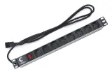 Cabeus PDU-8P-2IEC Блок евророзеток для 19" шкафов, горизонтальный, 8 розеток, 10 A, выключатель, алюминиевый корпус, шнур 2 м, вилка IEC 320 C14 Image