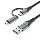 Переходник Vention USB 2.0 A Male to 2-in-1 USB-C&Micro-B Male 5A Cable 1M Gray Aluminum Alloy Type Image