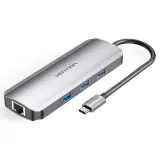 Док-станция Vention Multi-function USB-C to HDMI/USB3.0x3/RJ45/SD/TF/PD Docking Station 0.15M Gray Aluminum Alloy Type Image