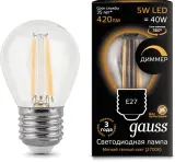 Лампа филам. Gauss Filament 5Вт цок.:E27 шар 220B 2700K св.свеч.бел.теп. (упак.:1шт) (105802105-D) Image